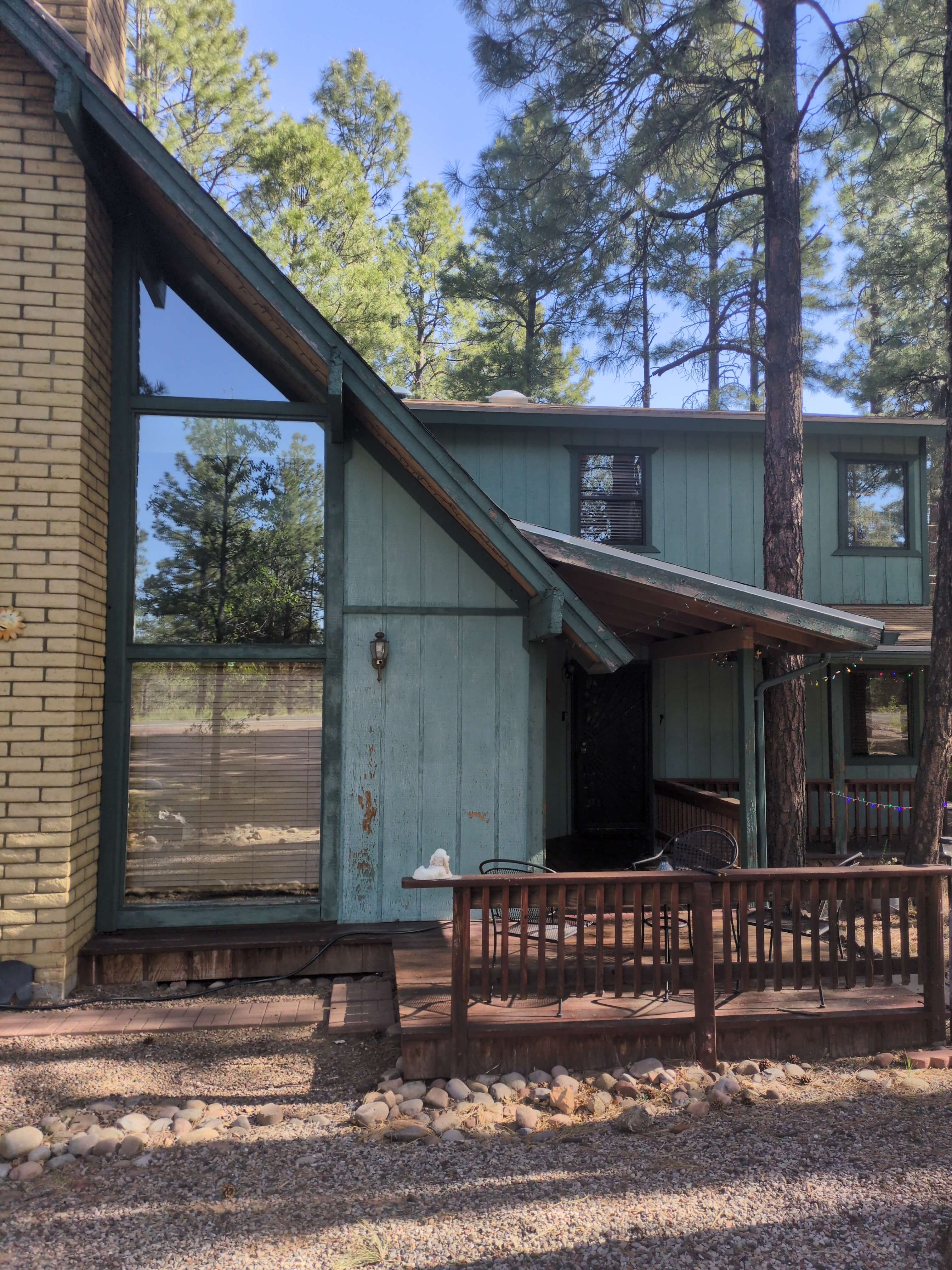 Front of house before exterior painting, planned forest green color, Pinetop Lakeside